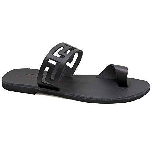 40 Schwarz Emmanuela Antike griechische handgefertigte flache Zehenringsandalen aus Leder, Qualität Riemchensandalen, Sommerschuhen für Frauen, Slider Sandalen mit Offene Zehen von EMMANUELA handcrafted for you