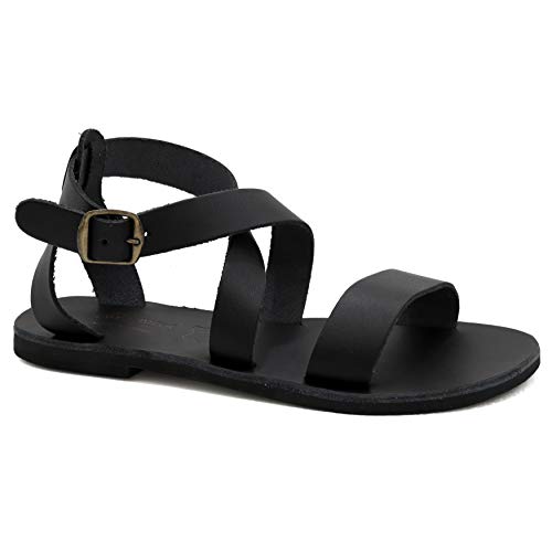 40 Schwarz Emmanuela Griechische handgefertigte flache Ledersandalen, Knöchelriemensandalen mit verstellbarer Schnalle, Sommerschuhe mit Knöchelmanschette, Riemchensandalen mit offenen Zehen von EMMANUELA handcrafted for you