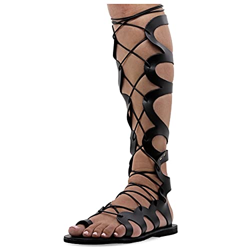 40 Schwarz Emmanuela Knieshohe Ledersandalen im antiken griechischen Stil, handgefertigte flache Gladiator sandalen mit offenen Zehen, hochwertige Sommerschuhe zum Binden für Frauen von EMMANUELA handcrafted for you