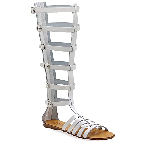 40 Weiß Emmanuela Altgriechische handgefertigte Gladiatoren Sandalen aus Leder, kniehohe Sandalen mit hinterem Reißverschluss am Schaft, flache Sommerschuhe mit Riemchen für Damen von EMMANUELA handcrafted for you