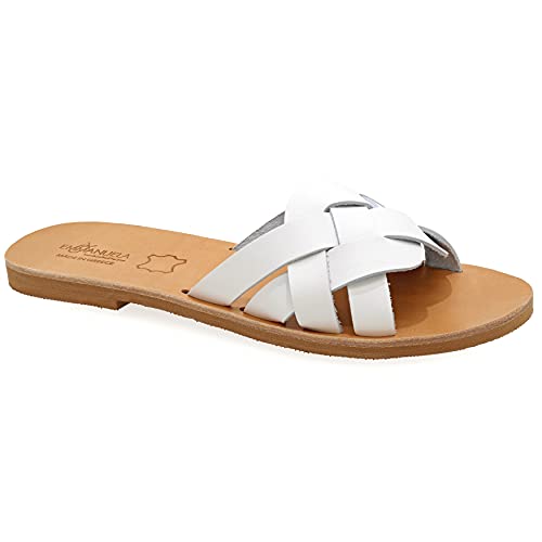 40 Weiß Emmanuela Sandalen im antiken griechischen Stil, handgefertigte flache Riemchensandalen aus Leder mit offene Zehen, hochwertige Slide Sommerschuhe für Damen, beige weiß türkis Sliders von EMMANUELA handcrafted for you