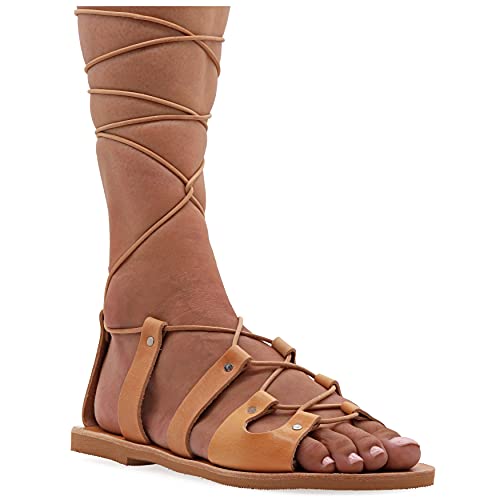 41 Beige Emmanuela antike griechische Gladiatorensandalen, handgefertigte flache Ledersandalen mit offenen Zehen und Schnürsenkeln, hochwertige Sommerschuhe zum Binden für Frauen von EMMANUELA handcrafted for you