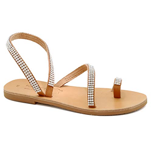 41 Beige Emmanuela griechische handgefertigte Strass Sandalen aus Leder, hochwertige Sommerschuhe für Damen, flache Riemchensandalen mit offenem Zehen-Knöchelriemen von EMMANUELA handcrafted for you