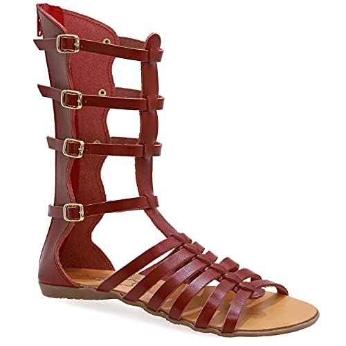 41 Rot Emmanuela antike griechische Hand handgefertigte Gladiator Sandalen aus Leder, Kalb hohe Sandalen mit Reißverschluss hinten am Schaft, Riemchen flache Sommerschuhe für Frauen von EMMANUELA handcrafted for you