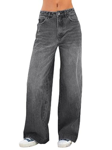 EMMIOL Damen 2025 Wide Leg Jeans Distress Mid Waist Denim Pants Vintage Y2K Hose, grau dunkel, S von EMMIOL