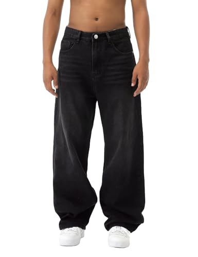 EMMIOL Herren Jeans Baggy Y2K Hip Hop Jeans Casual Wide Leg Skater Denim Pants, Black-X, Mittel von EMMIOL