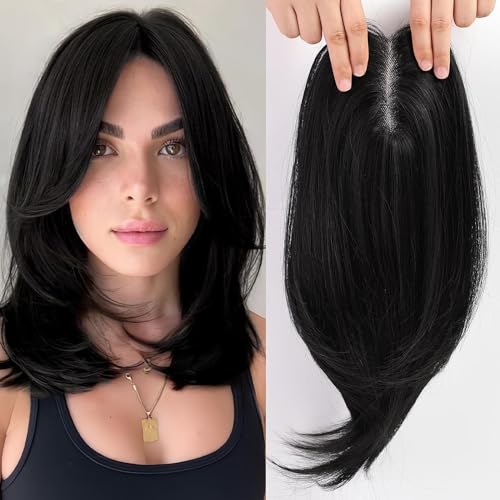 EMMOR 14 Zoll schwarzes Haar Toppers für Frauen synthetisches Haar Toppers Haarteile Schweizer Basis mit 3 Clips in Wiglets Toppers haarteil für Frauen mit dünner werdendem Haar grauem Haarausfall von EMMOR