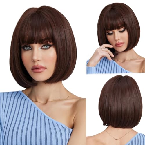 EMMOR Braune Bob Perücke mit Bangs 13" Kurze Bob Perücken für Frauen Hitzebeständige Synthetische Perücke Natürlich Auf der Suche nach Daily Use Party und Cosplay (Braun) von EMMOR