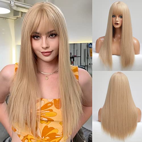 EMMOR Hellblonde Perücke Mit Fransen Für Frauen Lange Gerade Perücken Synthetisch Für Mädchen Cosplay Und Täglichen Gebrauch(26" Hellblond) von EMMOR