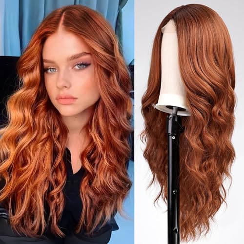 EMMOR Long Ginger Wavy Wig for Women Lace Front Wigs Auburn Natural Looking 26 Inch Middle Part Curly Wig Heat Resistant Synthetic Wigs for Daily Party Use von EMMOR