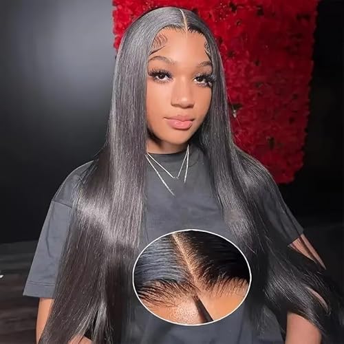 Glueless Gerade Echthaar-Perücke für Frauen - 4x4 HD Lace Closure, Mittelteil, Natürliche Farbe, 16 Zoll - Anfängerfreundlich, Wear and Go von EMOL