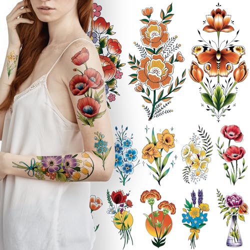 15 Blätter Halb Arm Bunte Blume Temporäre Tattoos für Frauen, 64 Blätter Gefälschte Tattoo-Aufkleber für Frauen Mädchen, Langlebige Wasserdichte Temporäre Tattoos Erwachsene von EMOME