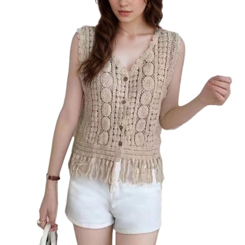 EMOTTOS Ärmellose Strickweste für Damen mit V-Ausschnitt, Gehäkelte Strickjacke mit Fransen am Saum, Knöpfe Sommer-Überwurf für Abendkleider und Cocktailkleider, Beige, Einheitsgröße von EMOTTOS