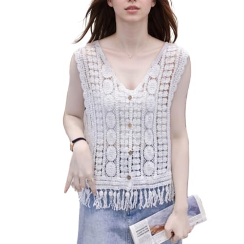 EMOTTOS Ärmellose Strickweste für Damen mit V-Ausschnitt, Gehäkelte Strickjacke mit Fransen am Saum, Knöpfe Sommer-Überwurf für Abendkleider und Cocktailkleider, Weiß, Einheitsgröße von EMOTTOS