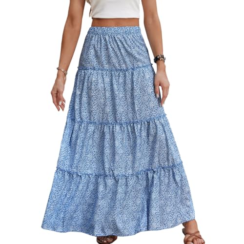 EMOTTOS Boho Rock, Rock Lang Damen Sommer, Langer A-Linien Rock, Quallenlange KnöCheldick mit Einem Lockenblatt, EIN Strandkleid Zur Eleganz, SommerröCke Damen Leicht Und Luftig, Blau M von EMOTTOS