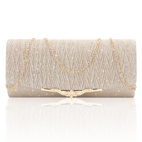 EMOTTOS Abendtasche Damen Clutches Handtasche, Glitzer Clutch Tasche Kettentasche, Elegante Glitzer Handtasche Umhängetasche mit Abnehmbarer Kette für Hochzeit Party Bankett Date (Gold) von EMOTTOS