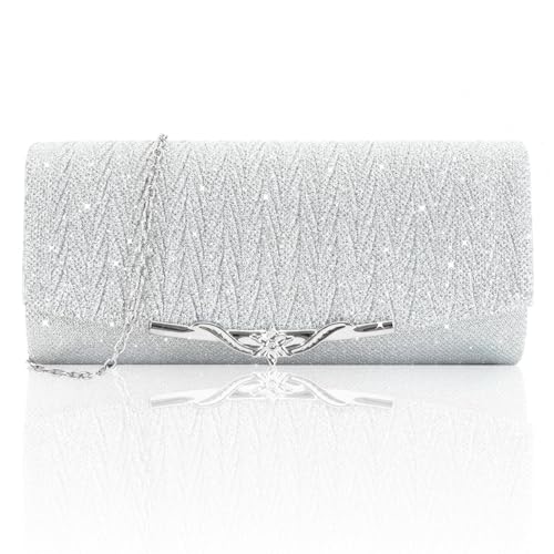 EMOTTOS Abendtasche Damen Clutches Handtasche, Glitzer Clutch Tasche Kettentasche, Elegante Glitzer Handtasche Umhängetasche mit Abnehmbarer Kette für Hochzeit Party Bankett Date (Silber) von EMOTTOS