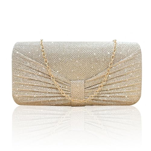 EMOTTOS Abendtasche Damen Clutches Handtasche, Bogenknoten Glitzer Clutch Tasche Kettentasche, Elegante Handtasche Umhängetasche mit Abnehmbarer Kette für Hochzeit Party Bankett Date (Gold) von EMOTTOS