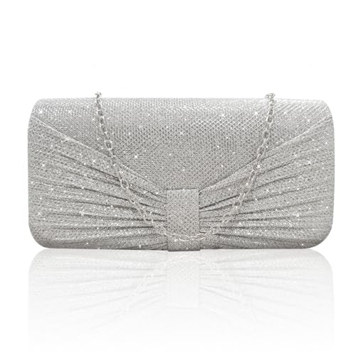 EMOTTOS Abendtasche Damen Clutches Handtasche, Bogenknoten Glitzer Clutch Tasche Kettentasche, Elegante Glitzer Handtasche Umhängetasche mit Abnehmbarer Kette für Hochzeit Party Bankett Date (Silber) von EMOTTOS