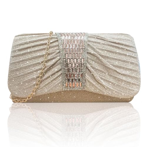 EMOTTOS Abendtasche Damen Clutches Handtasche, Bogenknoten Glitzer Clutch Tasche Kettentasche mit Strass, Elegante Glitzer Umhängetasche mit Abnehmbarer Kette für Hochzeit Party Bankett Date (Gold) von EMOTTOS