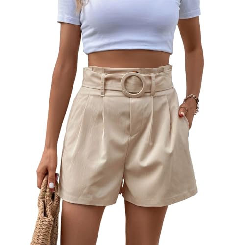 EMOTTOS Damen Bermuda Shorts Sommer, Hohe Taille Kurze Hosen mit Taschen mit Abnehmbarer Gürtel, Causal High Waist Bequeme Strandshorts Beinhose für Damen Frauen, Apricot S von EMOTTOS
