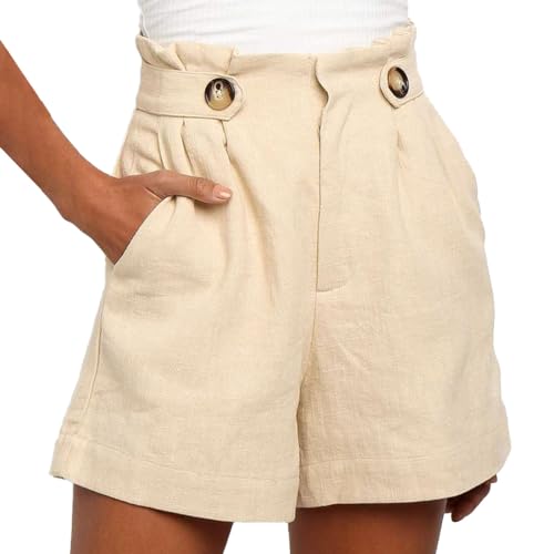EMOTTOS Damen Bermuda Shorts Sommer, Hohe Taille Kurze Hosen mit Taschen mit Knopf, Causal High Waist Bequeme Strandshorts Beinhose für Damen Frauen, Apricot XL von EMOTTOS