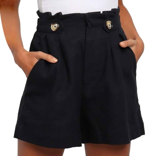 EMOTTOS Damen Bermuda Shorts Sommer, Hohe Taille Kurze Hosen mit Taschen mit Knopf, Causal High Waist Bequeme Strandshorts Beinhose für Damen Frauen, Schwarz XL von EMOTTOS