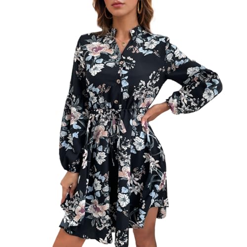EMOTTOS Damen Floral Print Bohemian Midi Kleider, A-Linie Chiffon Swing Kleid mit Knöpfen, Tiefer V-Ausschnitt Plissee-Kleider, Elastische Taille Rüsche Knielanges Kleid, Schwarz, M von EMOTTOS