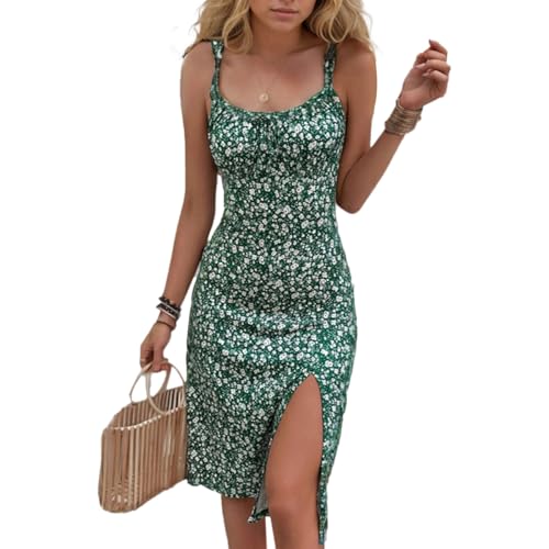 EMOTTOS Damen Boho Spaghettiträger Midikleid, Blumenmuster Trägerkleid Schlitz Bottom mit Verstellbaren Spaghetti Kleid, Slim Fit ärmelloses Kleider für Strand Damen, Grün, M von EMOTTOS