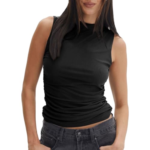 EMOTTOS Damen Doppellagiges Mesh-Top aus Spitze, Gerafftes Halbhohes Hemd, ärmelloses Slim-Fit T-Shirt mit Gerüschtem Saum für Party Tops zum Ausgehen, Schwarz, M von EMOTTOS