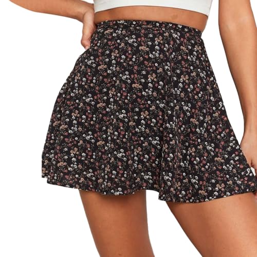 EMOTTOS Damen Flared Chiffon Kurzer Röcke, Boho Hochtaillierter Mini-Skaterrock mit Blumenmuster und Unsichtbarem Reißverschluss, Gerüschter Saum Floaty Blumen Rock, Schwarz, M von EMOTTOS