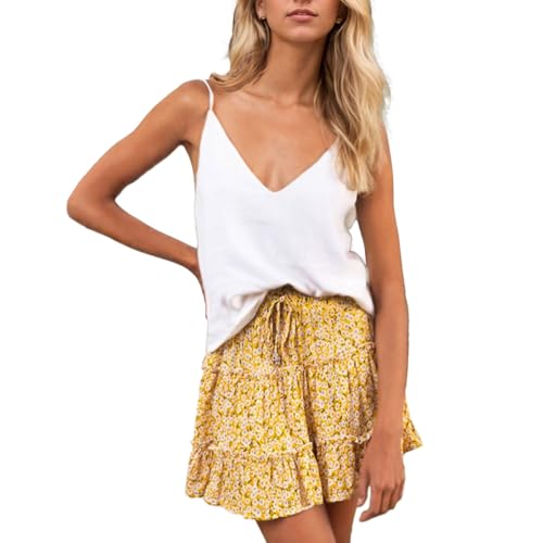 EMOTTOS Damen Flared Kurzer Röcke, Boho Elastischer Mini-Skaterrock mit Kordelzug und Hoher Taille mit Blumendruck, Rüschensaum Plissee Floaty Blumen Rock, Gelb, M von EMOTTOS