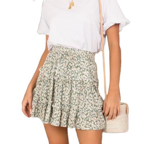 EMOTTOS Damen Flared Kurzer Röcke, Boho Elastischer Mini-Skaterrock mit Kordelzug und Hoher Taille mit Blumendruck, Rüschensaum Plissee Floaty Blumen Rock, Grün, M von EMOTTOS