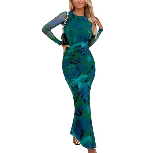 EMOTTOS Damen Floral Print Maxi Kleid, Boho Split Bottom Langes Kleid, Damen Slim Fit Geraffte Taille Kleid, Lange Wickelkleider für Damen Party Festlich, Grün, S von EMOTTOS