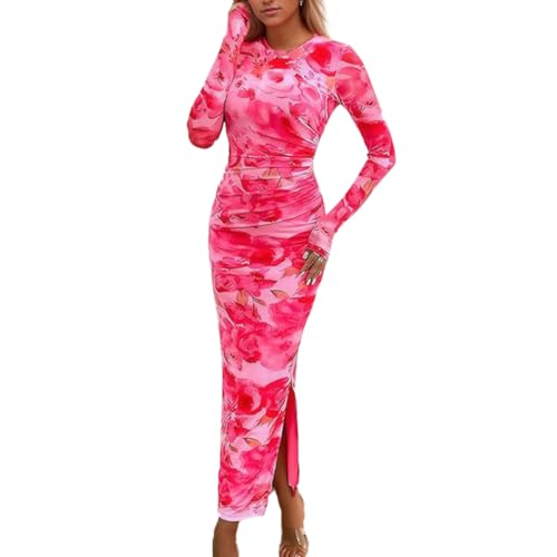 EMOTTOS Damen Floral Print Maxi Kleid, Boho Split Bottom Langes Kleid, Damen Slim Fit Geraffte Taille Kleid, Lange Wickelkleider für Damen Party Festlich, Rosa, XL von EMOTTOS
