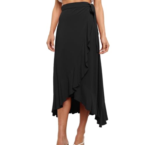 EMOTTOS Damen Geschnürter Langer Rock, Boho Hohe Taille Wickel Midi Röcke Faltenrock für Damen, Bohème A-Linie Unregelmäßiges Design Rüsche Split Saum Flowy Rock, Schwarz, XL von EMOTTOS