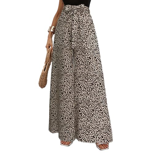 EMOTTOS Damen Hose Sommer, Wide Leg Ausgestellte Leopard Print Weites Bein High Waist Stretch-Taille Bogenknoten-Gürtel Baggy Luftige Flowy Loose Hosen Sommerhose Leicht Bequem Elegant, Braun, L von EMOTTOS