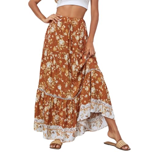 EMOTTOS Damen Maxirock Langer Rock, Boho Plisseerock Maxi Skirt Hohe Taille Faltenrock Elastische Taille, Hippie Rock Lang Rüschensaum Renaissance Rock A-Linie Sommerrock Elegant Casual, Orange S von EMOTTOS