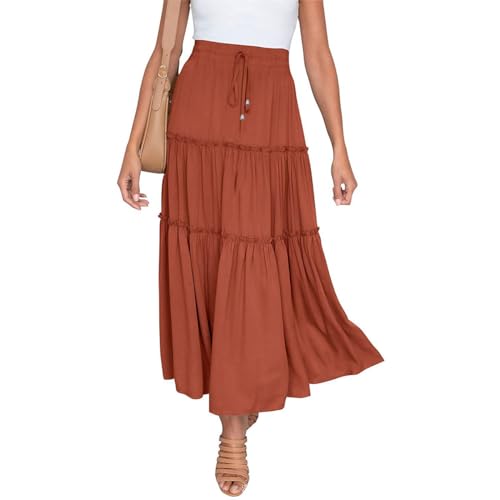 EMOTTOS Damen Maxirock Langer Rock, Boho Plisseerock Maxi Skirt Hohe Taille Faltenrock Elastische Taille mit Kordelzug, Hippie Rock Lang Rüschensaum Renaissance A-Linie Sommerrock Elegant, Orange S von EMOTTOS