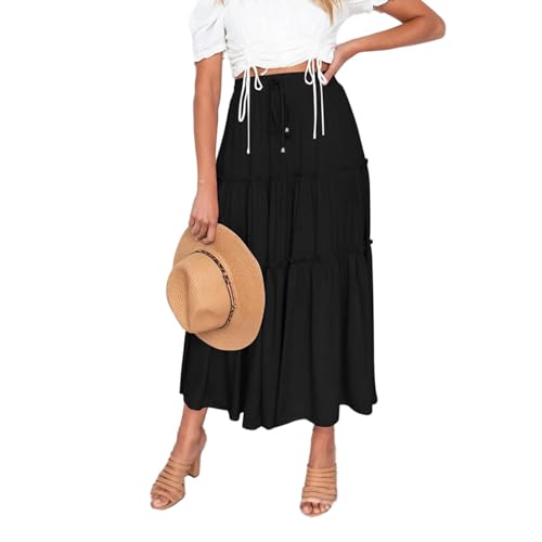 EMOTTOS Damen Maxirock Langer Rock, Boho Plisseerock Maxi Skirt Hohe Taille Faltenrock Elastische Taille mit Kordelzug, Hippie Rock Lang Rüschensaum Renaissance A-Linie Sommerrock Elegant, Schwarz XL von EMOTTOS