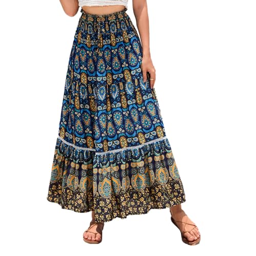 EMOTTOS Damen Maxirock Langer Rock, Boho Plisseerock Maxi Skirt Hohe Taille Geblümter Faltenrock Elastische, Hippie Rock Lang Rüschensaum Renaissance A-Linie Sommerrock Elegant, Blau S von EMOTTOS