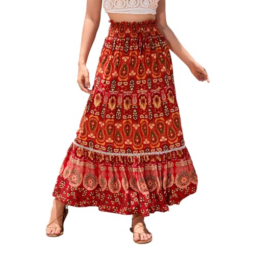 EMOTTOS Damen Maxirock Langer Rock, Boho Plisseerock Maxi Skirt Hohe Taille Geblümter Faltenrock Elastische, Hippie Rock Lang Rüschensaum Renaissance A-Linie Sommerrock Elegant, Rot L von EMOTTOS