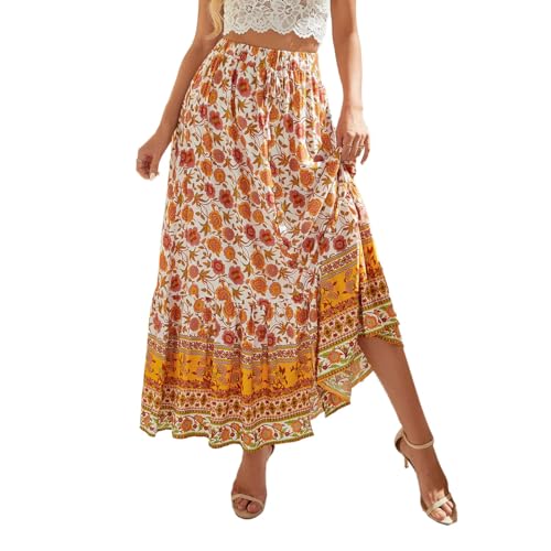EMOTTOS Damen Maxirock Langer Rock, Boho Plisseerock Maxi Skirt Hohe Taille Geblümter Faltenrock Elastische Taille, Hippie Rock Lang Rüschensaum Renaissance Rock A-Linie Sommerrock Elegant, Gelb XL von EMOTTOS