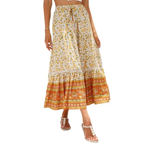 EMOTTOS Damen Maxirock Langer Rock, Boho Plisseerock Maxi Skirt Hohe Taille Geblümter Faltenrock Vorderer Schlitz, Elastische Hippie Rock Lang Rüschensaum A-Linie Sommerrock mit Kordelzug, Orange S von EMOTTOS