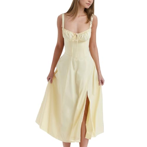 EMOTTOS Damen-Midikleid mit Spaghettiträgern, ärmellos Cocktailkleid mit Quadratischem Ausschnitt und Verstellbaren Trägern, Langes Sommerkleid mit Schlitz für Clubpartys, Gelb, M von EMOTTOS