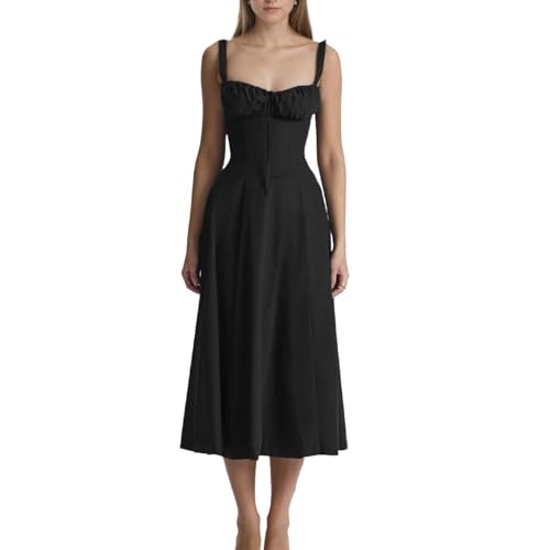 EMOTTOS Damen-Midikleid mit Spaghettiträgern, ärmellos Cocktailkleid mit Quadratischem Ausschnitt und Verstellbaren Trägern, Langes Sommerkleid mit Schlitz für Clubpartys, Schwarz, S von EMOTTOS