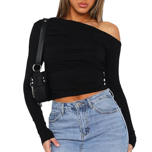 EMOTTOS Damen Off-Shoulder Y2k T-Shirt- Sexy Schräge Schulter Slim Fit T-Shirt, Basic Plissee Langarm-Top, Skinny Kordelzug Langarm(Black-S) von EMOTTOS