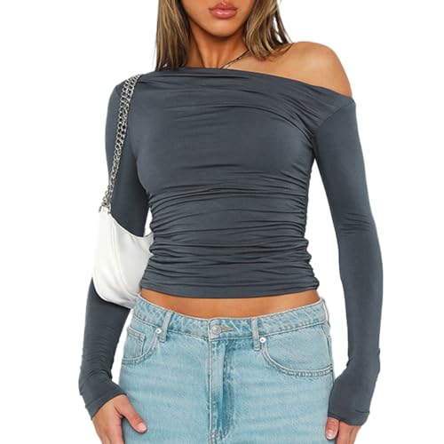 EMOTTOS Damen Off-Shoulder Y2k T-Shirt- Sexy Schräge Schulter Slim Fit T-Shirt, Basic Plissee Langarm-Top, Skinny Kordelzug Langarm(Grey-L) von EMOTTOS