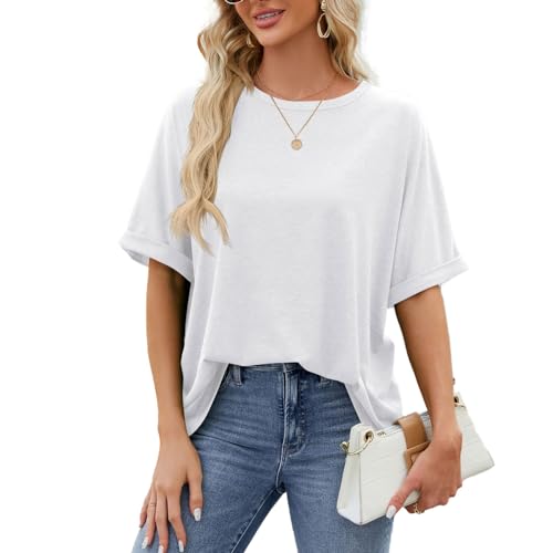 EMOTTOS Damen Oversized Lose T-Shirts, Kurzarm Rundhalsausschnitt Sommer Tops, Lose Basic-T-Shirts mit Gerollten Ärmeln, Weiß, S von EMOTTOS