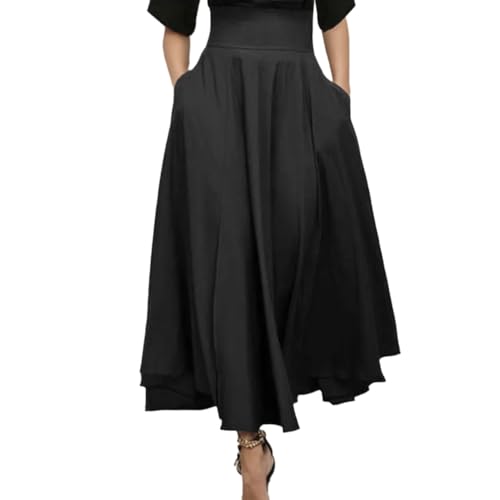 EMOTTOS Damen Rock Lang, Schleife Taille Knoten Rüschenrock High Waist Langer Rock, Hohe Qualität Lässig Zwei Seitentaschen A Linien Fließender Rock mit Taschen, S, Schwarz von EMOTTOS